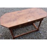 Craftsman's made oak coffee table, with burr top and two drawers on turned supports, joined by