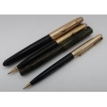 Parker fountain pen, green brown marbleized body, with 14k nib, Parker Consort propelling pencil,