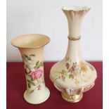 Royal Worcester trumpet shaped vase, body painted with pink roses and other garden flowers on a