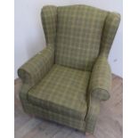 Next tweed check upholstered wingback armchair on turned light wood support