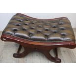 Regency style mahogany X framed stool with deep buttoned dished brass nailed seat (69cm x 44cm x