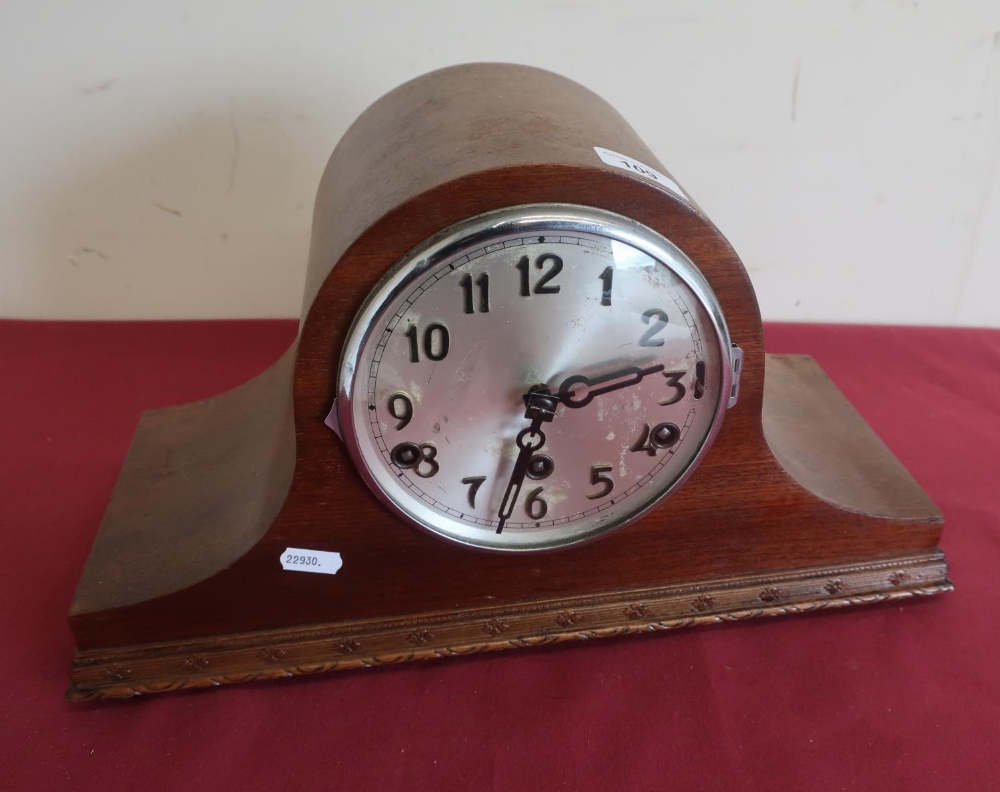 1930's mahogany cased Westminster/Whittington chiming mantel clock with silvered dial, raised Arabic