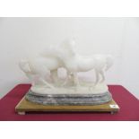 Large carved white alabaster group of two horses mounted on oval marble base (repairs to legs and