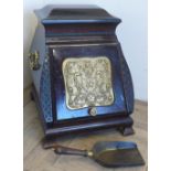 Unusual Victorian walnut caddy top coal box, slope fall front with an inset brass panel and two