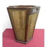Early 20th C mahogany and ebony inlaid waste paper basket on bun feet, with cane work mesh panels (