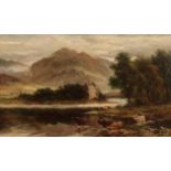 Scottish School (19th C): 'Eilaan Donan Loch Lomond', Highland Cattle with castle in a landscape,