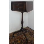 Small Geo. III style cross banded mahogany tripod Pembroke table, reeded top above two small drawers