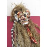 Chinese carved wood dog of Fo/dragon headdress and mask with woven and beaded hair piece