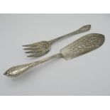 Pair of Victorian hallmarked silver fish servers, with reeded and beaded handles, London 1861 by
