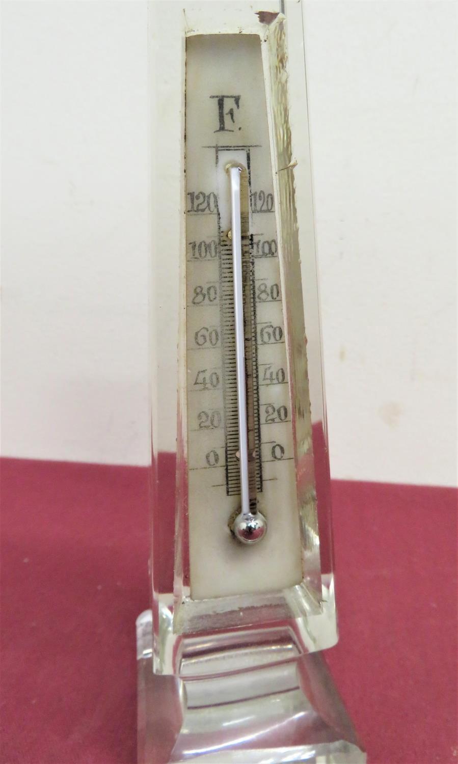 Clear glass obelisk (H15.5cm) with inset thermometer with a pair 19th C glass square form bottles - Image 2 of 3