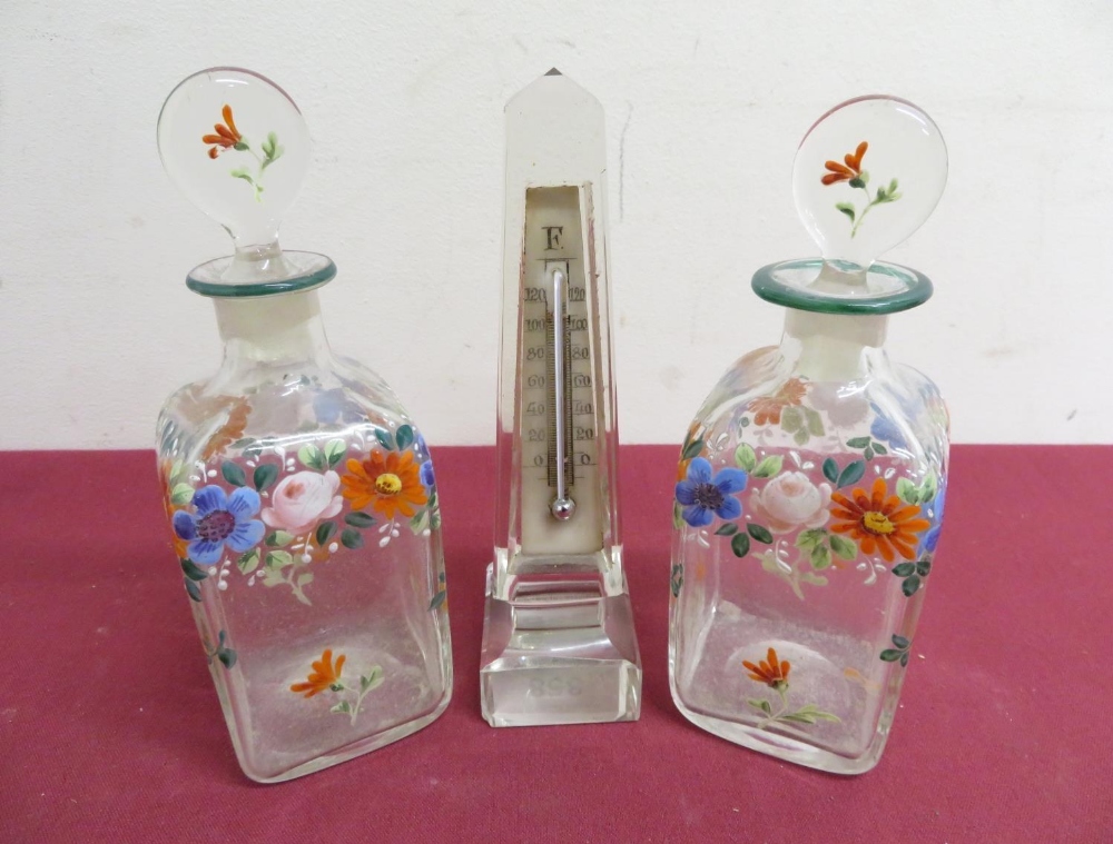 Clear glass obelisk (H15.5cm) with inset thermometer with a pair 19th C glass square form bottles