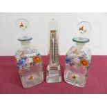 Clear glass obelisk (H15.5cm) with inset thermometer with a pair 19th C glass square form bottles