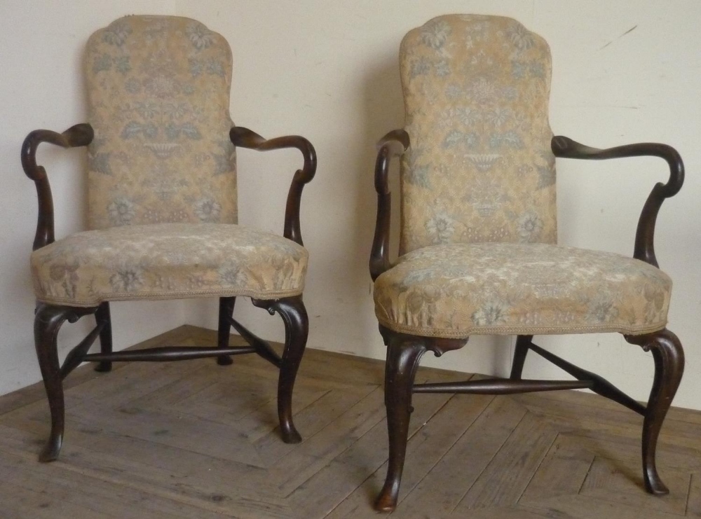 Pair of Queen Anne style open arm chairs with upholstered arched backs, bow front seats and - Image 2 of 5