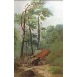 B. Smith (late 19th C) "Yves..." a woodcutters cottage in a wooded landscape, oils on mahogany