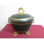 Victorian green Toleware oval coal bin with lift up top and twin carrying handles, with internal