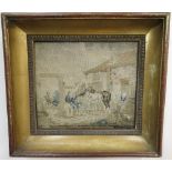 Small 19th C needlework study of horses with hunting figures and a seated lady outside country