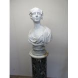 Regency style plaster bust of a noblewoman, on simulated marble socle, and marble topped cylindrical