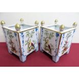 Pair of continental porcelain Versailles style planters of square form and tapering finials, each