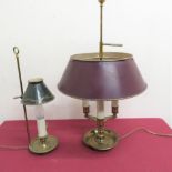 Brass three branch electric table lamp with adjustable height (50cm) and another brass table lamp (