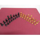 Staunton chess set in mahogany box with hinged top with Jaques & Son paper trade label, with