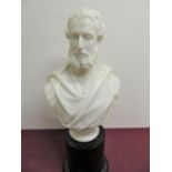 Carved alabaster bust of Lord Albert Gower marked Noble SC, on circular marble pedestal base (H37.