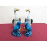 Large pair of Chinese ceramic ducks (H26cm) and a pair of blue glazed parakeets (H16.5cm)