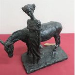 Mid 20th C patinated bronze model of a young girl with a pony, on a naturalistic rectangular base (