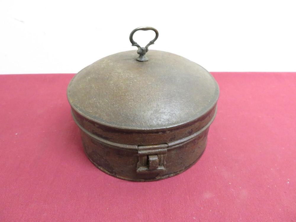 Early 19th C jappaned metal circular spice tin with hinged top, sectional interior and pull out