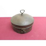 Early 19th C jappaned metal circular spice tin with hinged top, sectional interior and pull out