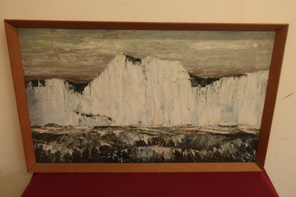 Martin Wells (1928-2009): White Cliffs of Dover, acrylic oil on board, 48cm x 83cm - Image 2 of 3