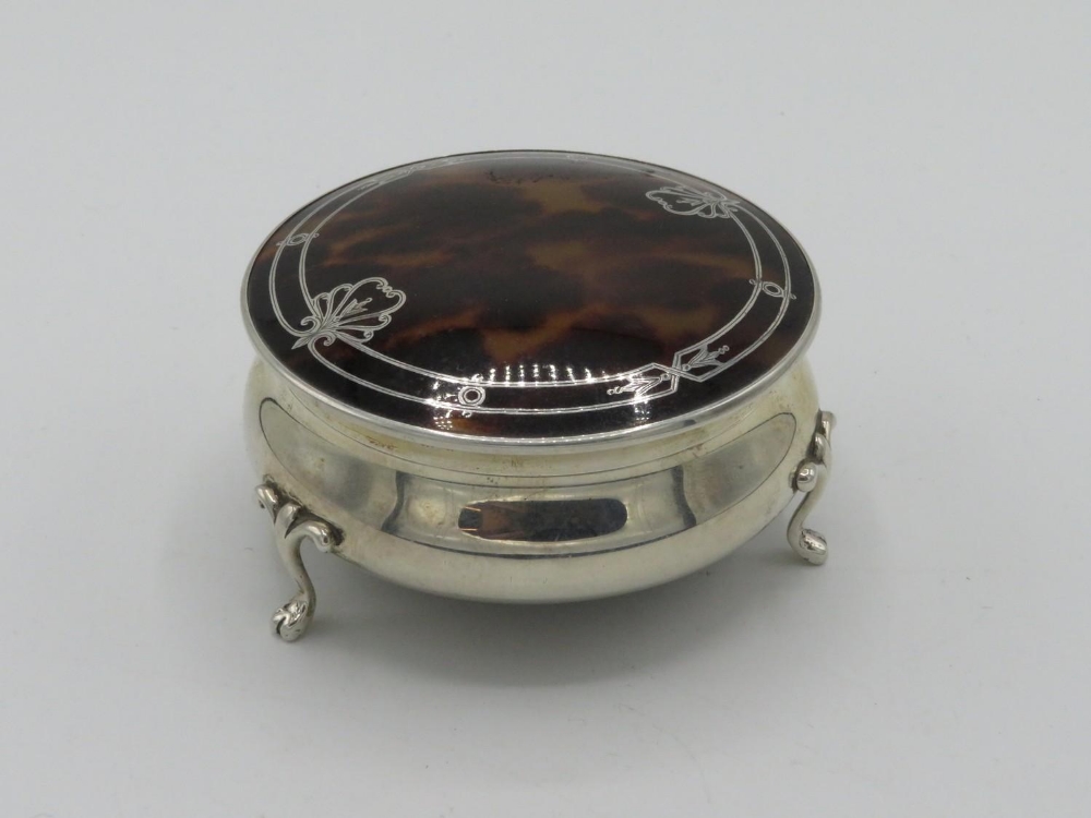 Picquet mounted silver trinket box Birmingham, 1926 by Walker and Hall (H4cm Diameter 7.5cm)