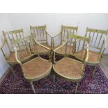 Set of six Edwardian cane seat open armchairs, painted in Sheraton Revival style with hare bells and