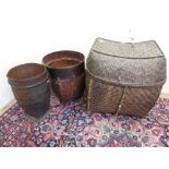 Far Eastern woven fibre rectangular basket with bamboo supports and lift off lid, two other