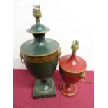 Green and gilt Toleware urn shaped table lamp on square base and lion mask handles (45cm high),