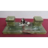 20th C green polished rectangular green onyx ink stand, two square wells with hinged lids, central