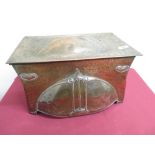 Art Nouveau copper rectangular coal box with hinged top, twin carrying handles and hammered and