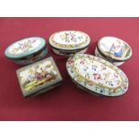 Collection of 5, 18th C and later enamel patch-type boxes of square and oval form with various