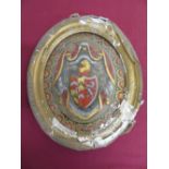19th C reverse painted Coat of Arms with bevelled edge glass panel and gilt plaster frame (A/F) (