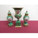 Pair of continental porcelain and gilt metal mounted vases with green bodies, gilt detail and floral
