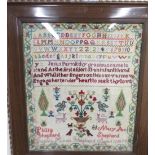 Victorian wool work sampler, worked with alphabet motto vase of flowers with stylized birds.