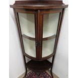 Edwardian mahogany inlaid floor standing, bow front corner cabinet with 2 upper closed doors above