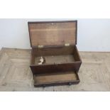 Small Geo. III planked oak mule chest, with hinged lid and the single drawer with turned wooden