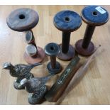 Pair of cast brass models of game birds, Rabone & Sons brass and mahogany spirit level, four yarn