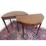 Pair of George III style rosewood cross-banded and satinwood outlined mahogany D shaped side tables,