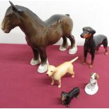 Beswick models of a Shire horse, a Doberman and a Labrador, unmarked model of a Dachshund and a