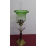 Large Victorian brass Corinthian column oil lamp, with clear glass reservoir and etched green