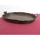 Early 19th C mahogany twin handled oval tray, with brass bound waved gallery (53cm x 37cm).