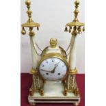 Early 19th C French ormolu and gilt metal mounted white alabaster mantel clock, white convex