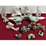 Collection of polished soapstone, jadeite and other stone animals and birds (14)