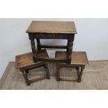 17th C style oak joint stool, moulded top and arcade carved frieze on reeded supports joined by